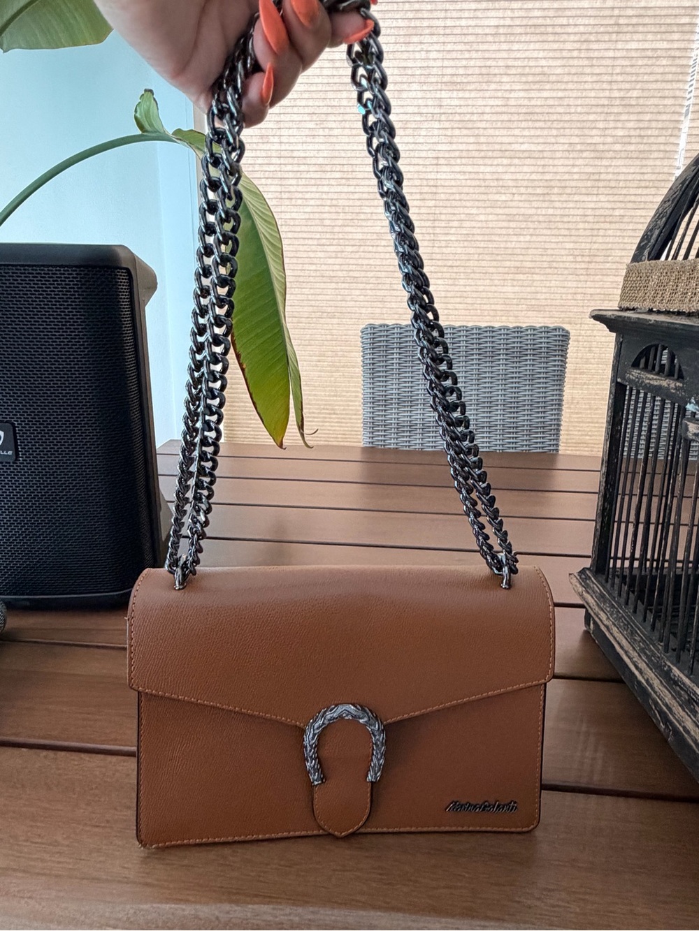 Brown Leather Shoulder Bag with gunmetal Chain Strap